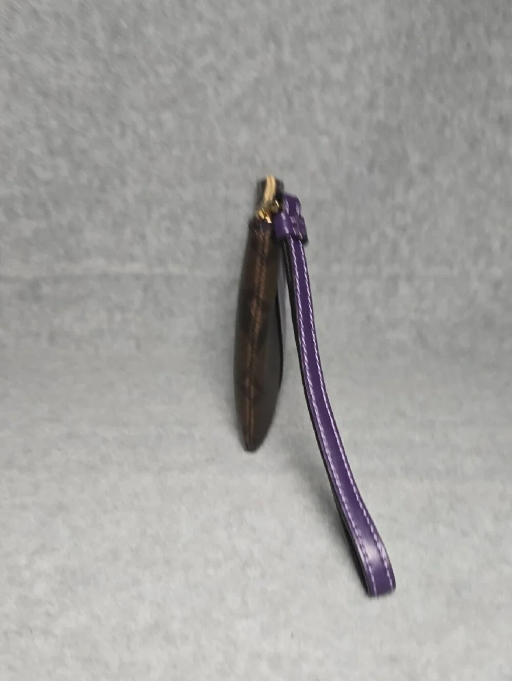 Coach Brown Signature Coated Canvas Wristlet with Purple Leather Center Stripe